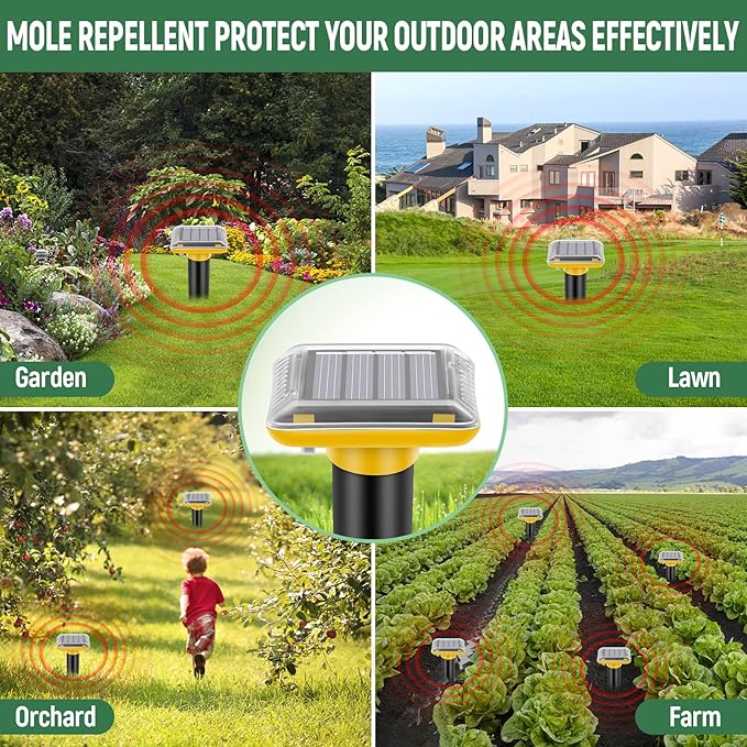 Mole Repellent Solar Powered,2025 Upgraded Gopher Repellent Ultrasonic Solar Powered,Vole Repeller Outdoor for Lawns Garden Yard,Gopher Trap Killer for Mole,Snake (Yellow,6 Pack)
