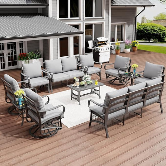 11 Piece Patio Furniture Set, 4 Single Swivel Chairs, Rope Braided Exposed with Thick Cushions, Outdoor All Weather Patio Conversation Sectional Sofa Set for Garden, Porch, Lawn, Grey