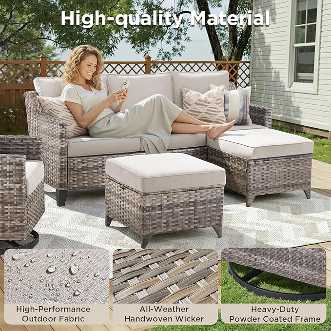 Wicker Patio Furniture Set-7 PieceAll Weather Outdoor Conversation Sets Sectional Sofa with Wicker Swivel Rocker Patio Chairs, Thick Cushions Ottomans for Porch Balcony Patio Deck Grey/Beige