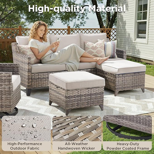 5 Pieces Outdoor Furniture-High Back Outdoor Wicker Couch Patio Chairs Set of 2 with Comfy Cushions Ottomans Patio Furniture Set for Backyard Porch Garden Deck Grey/Beige