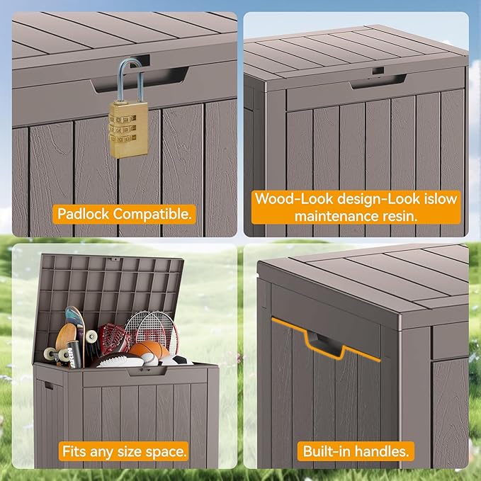 NUNU LAB 32 Gallon Outdoor Storage Box Waterproof, Outside Package Delivery Deck Boxes with Lockable Lid, Backyard Storage Bin For Garden Tools, Patio Cushions, Pool Accessories, Gray