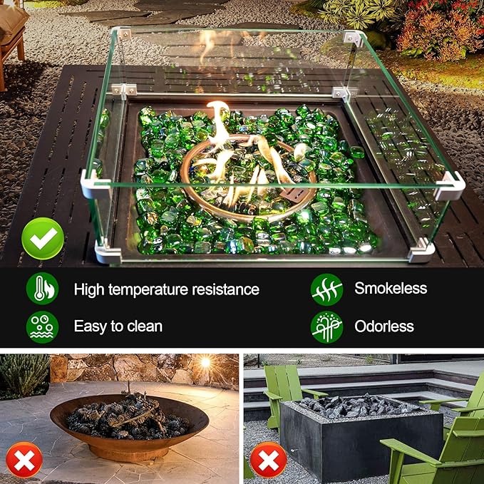 GasSaf Green Fire Glass Cubes for Outdoor Fire Pit, Fireplace, Replaces Existing Gas Logs & Lava Rocks, 1 Inch Glass(20 Pound)(Green Luster)