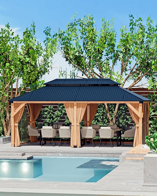 GarveeLife Hardtop Wood Gazebo 12 ft x16 ft for All Weather, with Double Metal Roof, Heavy Duty Wooden Frame, Net, and Curtain, Permanent Building for Patio, Deck, Backyard, Lawn, and Garden, Khaki