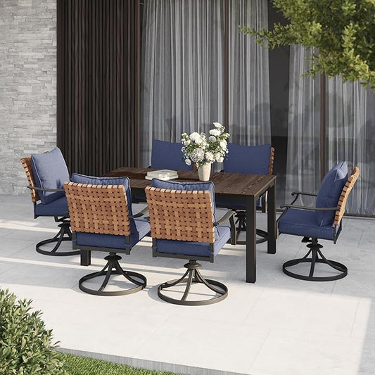 Grand patio 7-Piece Outdoor Dining Set, 6 Leather-Look Wicker Swivel Blue Patio Chairs & 1 Rectangular Faux Woodgrain Dining Table, Dark Brown