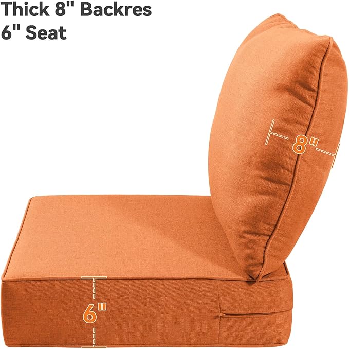 6" Thick Outdoor Cushions 24x24x6, 6-Set Deep Seat Patio Cushions with Removable Cover, Waterproof & Fade Resistant Replacement for Wicker Chair, Loveseat, Sofa - Orange