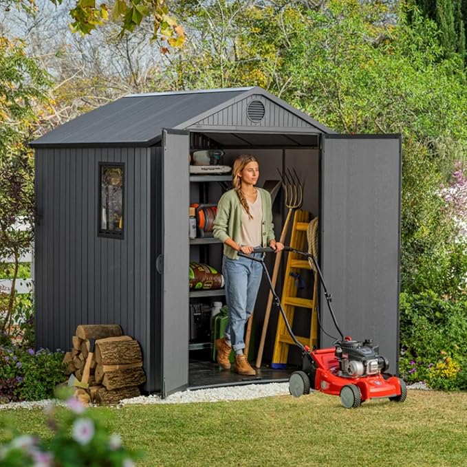 Keter Darwin 6 x 6 Foot Spacious Heavy Duty Outdoor Storage Shed for Organizing Garden Accessories and Tools with Double Doors and High Ceiling, Gray
