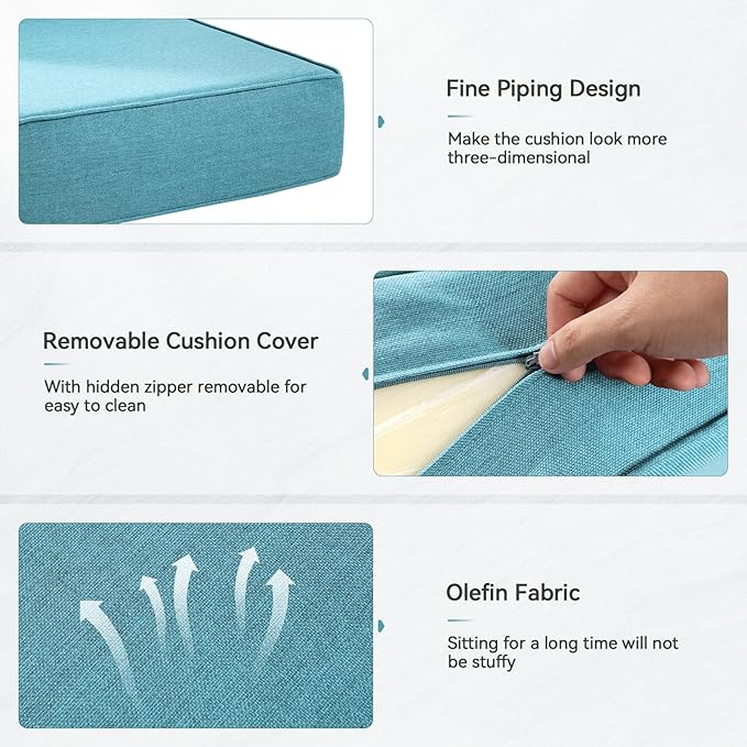 6" Thick Outdoor Cushions 24x24x6, 3-Set Deep Seat Patio Cushions with Removable Cover, Waterproof & Fade Resistant Replacement for Wicker Chair, Loveseat, Sofa - Teal