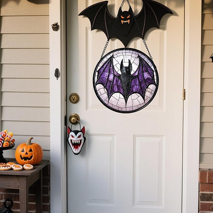 CRISGIF Stained Glass Window Hanging - Halloween Black Bat Purple Wings Monster Suncatcher for Doors Garden Home Spooky Sun Catchers Gothic Decor Horror Gift for Women Men Friend Boy Girl 11.8 in