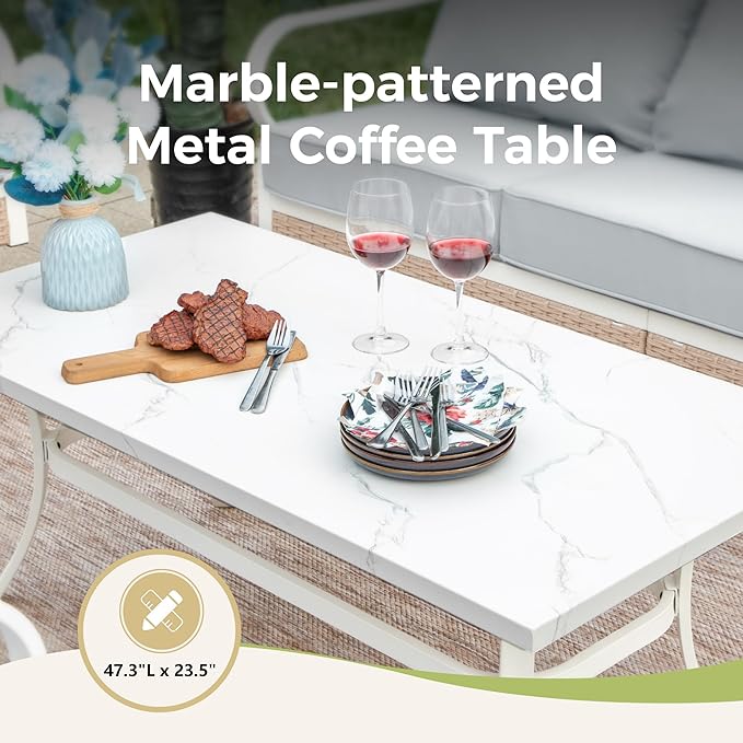 5 Piece Patio Furniture Set, 2 x Swivel Chair, 1 x 2-Seat Sofa, 1 x 3-Seat Sofa with Marbling Coffee Table, 7 Seats Outdoor Conversation Set for Lawn Garden Backyard, Light Gray