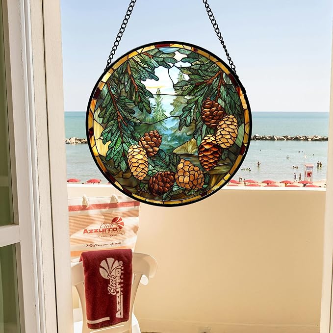 QZQCBLC Stained Glass Window Hanging Forest Pine Cone Landscape 9.8" - Green Suncatcher Door Terrace Garden Sun Catcher Home Decor Birthday Christmas for Mom Men Woman Wife