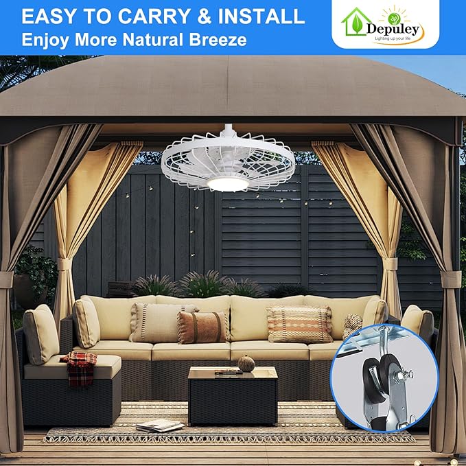 Depuley Gazebo Fans Outdoor Hanging: 20 Inch White Plug in Caged Outdoor Fan with Light and APP Remote Control - Waterproof Ceiling Fan for Patio Porch Pergola Reversible DC Motor