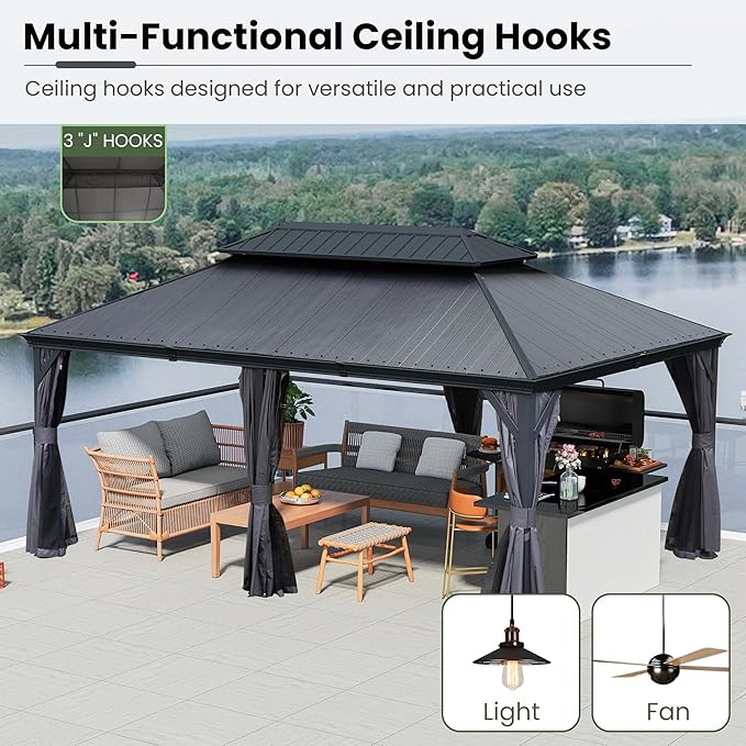Domi 12' X 18' Hardtop Gazebo, Upgraded Metal Gazebo with Dual-Layer Resin Roof, Drainage System, Curtain and Netting, Outdoor Shelter Canopy for Patio, Garden, and Backyard, Grey