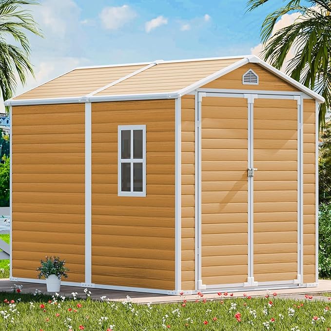CDCASA 8x6 FT Resin Shed, Waterproof Large Outdoor Storage Shed with Floor Included & Vents, Outside Plastic Tool Shed for Garden Patio Poolside Lawn, Wood-Like Brown