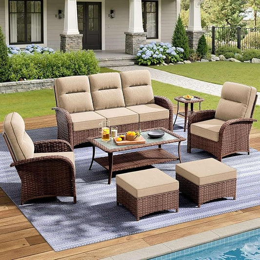 7-Piece Patio Furniture Set with 6-Inch Thick Cushions, High Back Outdoor Couch and Arm Chairs, All-Weather Conversation Set for Porch, Deck, Yard, Pool in Beige