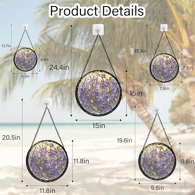 AMDERVEN Stained Glass Window Hanging - Wisteria Flower Golden Leaves Sun Catcher for Door Home Decor Plant Suncatcher Christmas Mother's Day Birthday Gifts for Women Men Lovers Mom Nana 6.3 in