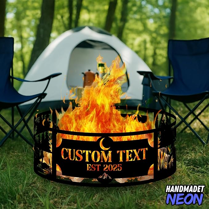 Personalized Fire Pit Ring 360 Degree, Outdoor Fireplace, Custom Text Fire Pits for Outside, Patio Firepit, Camping Bonfire Firepits, Garden BBQ Backyard Decor (Campsite)
