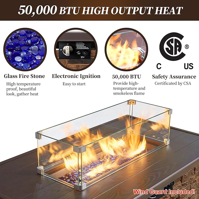 PIZZELLO 43” Propane Fire Pit Table Outdoor Rectangular Stone Firepit Table 50,000 Btu Propane Fire Tables for Outside Patio with Glass Wind Guard, Lid, Fire Glass Beads,Brown Rock Look