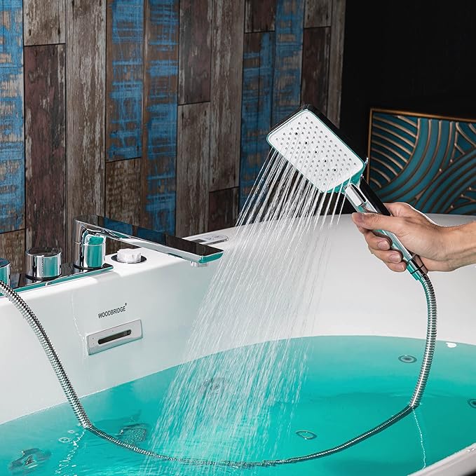 WOODBRIDGE 59" x 31-1/2" Whirlpool Water Jetted and Air Bubble Freestanding Heated Soaking Combination Bathtub with Faucet,BJ-100+F0041