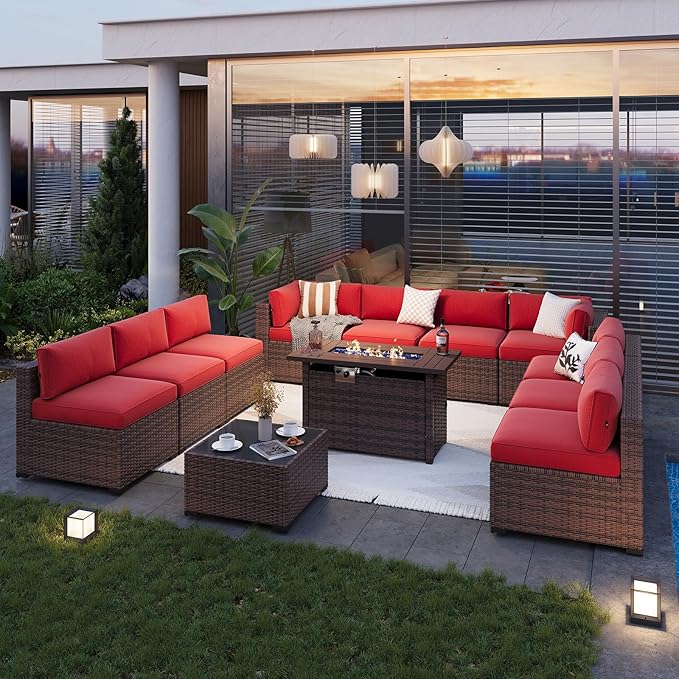 Aoxun Patio Furniture Sets, 12-Piece Outdoor Patio Furniture with 44'' Propane Gas Firepit Table, Wicker Outdoor Conversation Set Sectional Sofa for Backyard, Poolside, Garden