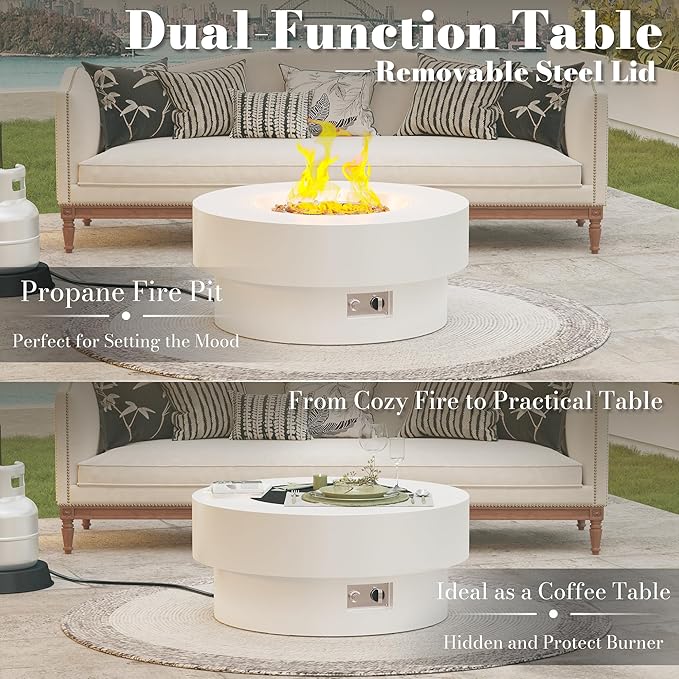 32.5 Inch Propane Fire Pit Table, 50,000 BTU Round Patio Fire Pit Table Outdoor, CSA Certified, Stainless Burner with Steel Lid, Waterproof Cover & Lava Rocks, for Backyard Garden, White