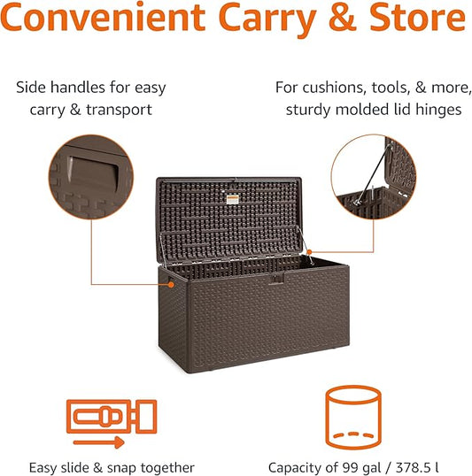 Amazon Basics Outdoor Organization & Storage Deck Box with Lid, 99 Gallon, Brown