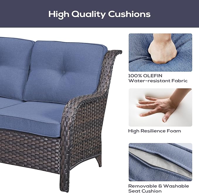 Belord Outdoor Furniture Sectional Sofa L Shaped Couch - Patio Wicker Set with 2 Swivel Glider Chairs, 5 Piece Rattan Patio Conversation Sets with Blue Cushion for Deck Backyard Sunroom