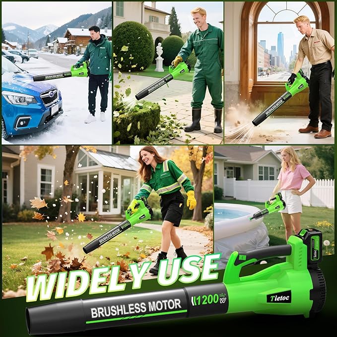 Tietoc Leaf Blower Cordless, 1200W Brushless Electric Leaf Blower with 2 X 5.0Ah Battery, 6 Speed Powerful Leaf Blowers for Garden, Lawn Care, Christmas Stocking Stuffers Gifts for Women Men(Green)
