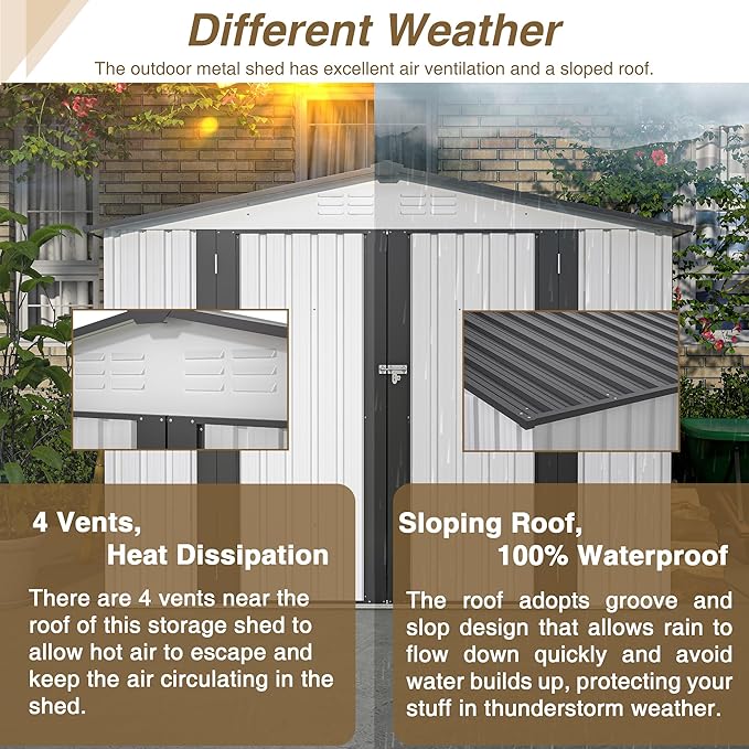 6x8 FT Outdoor Storage Shed, Metal Garden Shed with Lockable Hinged Doors, Outside Tool Shed with Sloped Roof & 4 Air Vents, Waterproof Storage Building for Backyard, Patio, Lawn, White