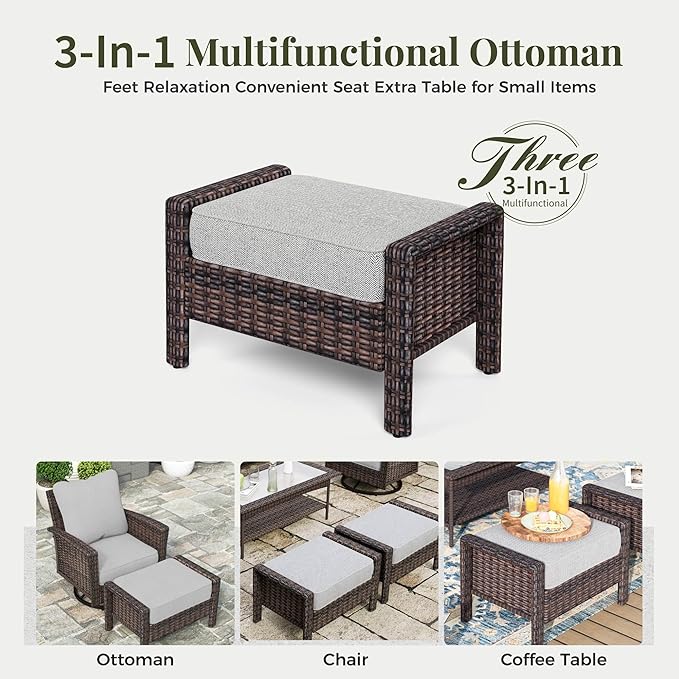 6-Piece Wicker Patio Furniture Set with Swivel Chairs, High Back Outdoor Furniture with 5.5-inch Thick Cushion and Ottoman, All-Weather Wicker Patio Conversation Set for Deck Yard Pool, Grey