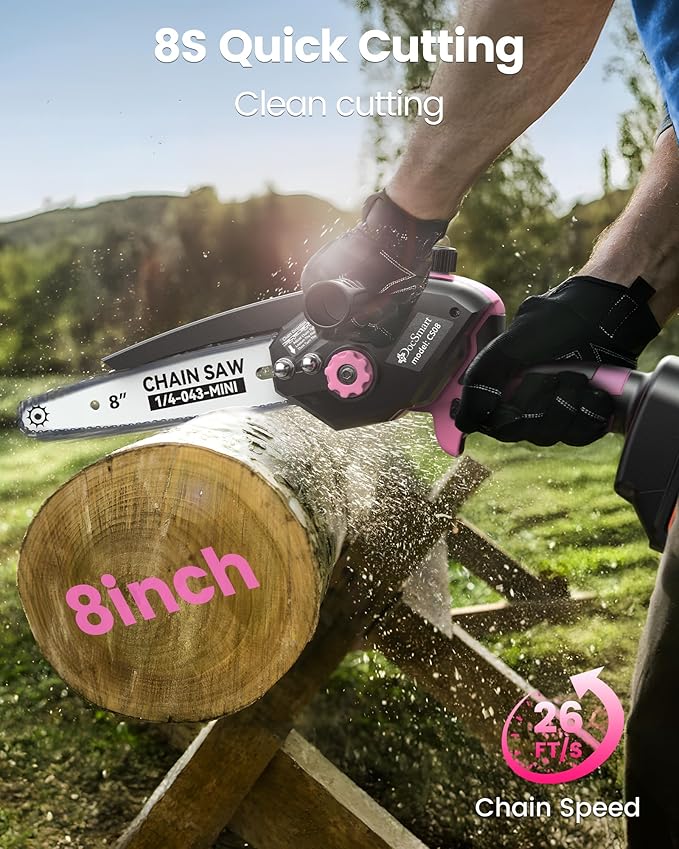 Mini Chainsaw Electric Cordless: 8 Inch & 6 Inch Brushless Chain Saw with 2 Pack Rechargeable Batteries, Battery Powered Handheld Saw for Trees Trimming Wood Cutting, Pink