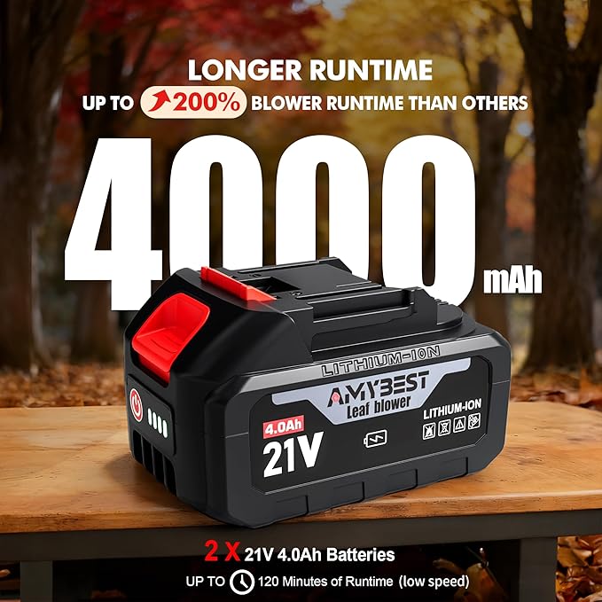 AMYBEST Leaf Blower Cordless, 21V Lightweight Electric Blower with 2 x 4.0Ah Batteries & Fast Charger, Variable Speed for Patio Cleaning, Lawn Care, Blowing Fallen Leaves and Dust (Gray)