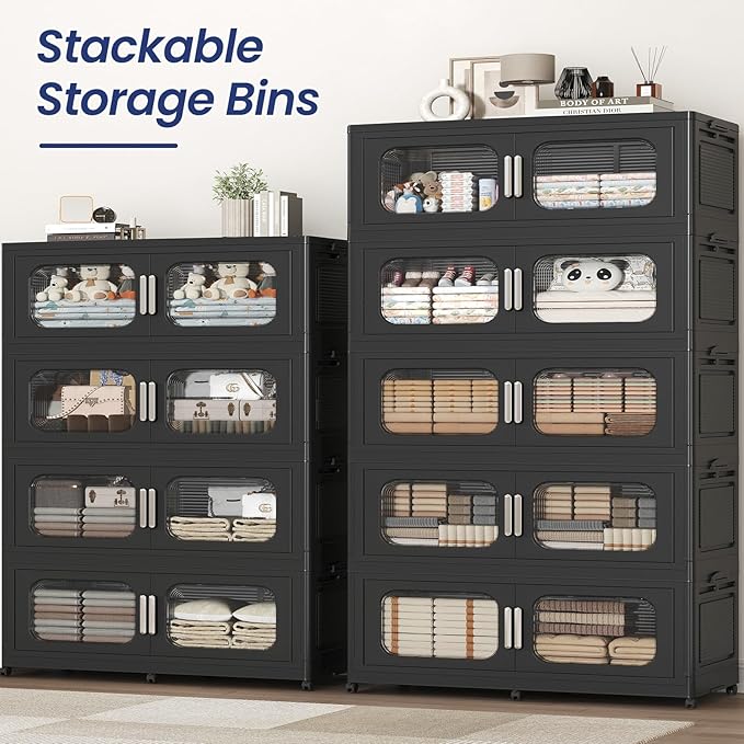 600QT Large Stackable Storage Bins with Lid, 150Gal Plastic Collapsible Closet Organizers Drawers Box with Wheels, Folding Cabinet Containers with Doors for Home Kitchen Office, 3Pack Black