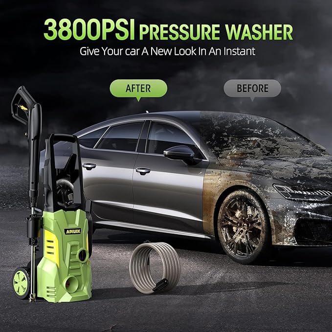 Duede Electric High Pressure Washer - Portable Washer with 23 FT Water Outlet & 6.6 FT Inlet Hose, Steel Spray Wand, Foam-Adjustable Cannon, 4 Nozzle Set, Cleans Car/Patio/Fence/Window, 3800PSI 2.4GPM