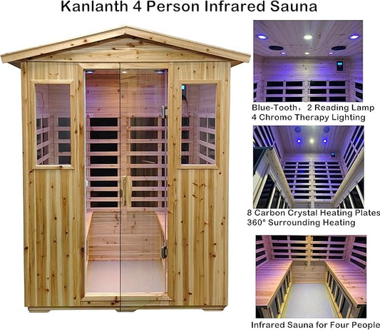 Outdoor Sauna 4 Person Infrared Saunas for Home, 2050watt Canadian Hemlock Wooden Large Sauna Room with Blue-Tooth, 4 Chromo Therapy Lighting, 2 LCD Control