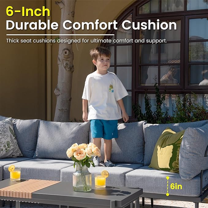 Sundale Outdoor 7 Pieces Metal Patio Furniture Set, Outdoor Sectional Sofa with 6 Inch Olefin Cushion, Modern Outdoor Conversation Sets (6 Seats, Grey Frame)