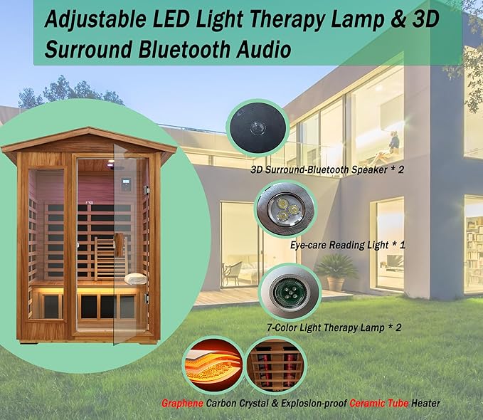 LTCCDSS Ceramic Outdoor Infrared Sauna 2 Person, Mahogany Far Infrared Sauna, Low EMF Sauna Room for Home,Withstand Outdoor Temp -10℉-149℉,Chromotherapys, Bluetooth Speakers (DIY Configurable)