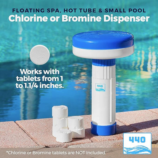440 Mini Premium Floater Dispenser for Spa, Hot Tub and Small Pools for 1 Inch Chlorine or Bromine Tablets. (Tablets NOT Included) Adjustable Release, from 0 to 13 Flow Control