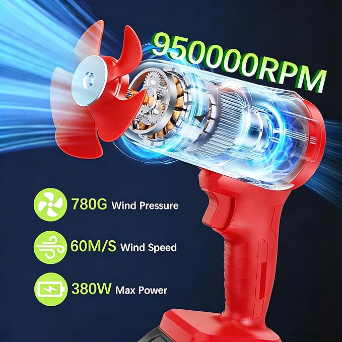 Leaf Blower Cordless with Battery and Charger,21V Electric Handheld Leaf Blower, 950000RPM Powerful Fan with Adjustable Speed, Lightweight Blower for Patio, Lawn, Blowing Leaves and Snow(Red)