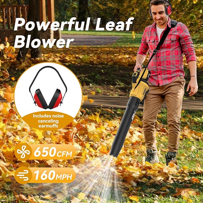 Leaf Blower Cordless,650 CFM & 160 MPH Electric Cordless Leaf Blower with 2 * 4.0Ah Batteries & Noise-Reduction Ear Muffs,3 Speed Powerful Blowing Ideal for Lawn Care, Blowing Leaves, Dust, Snow