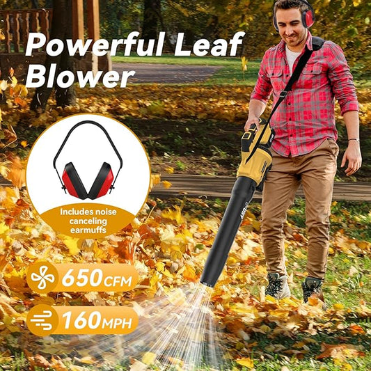 Leaf Blower Cordless,650 CFM & 160 MPH Electric Cordless Leaf Blower with 2 * 4.0Ah Batteries & Noise-Reduction Ear Muffs,3 Speed Powerful Blowing Ideal for Lawn Care, Blowing Leaves, Dust, Snow