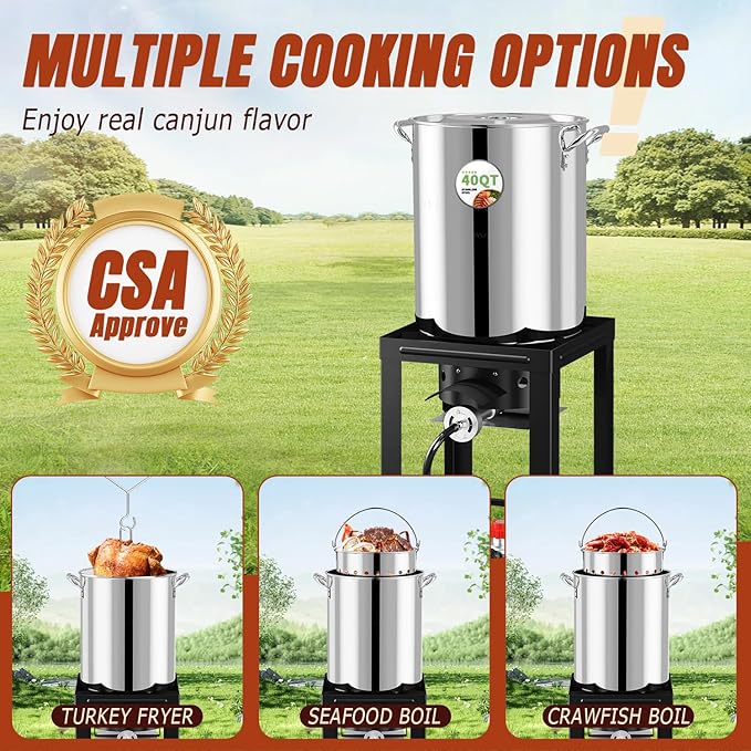 Stainless Steel 40QT Turkey Fryer Kit, Waterproof Cover & 12-inch Skimmer, 55,000BTU Propane Burner Stove, Turkey Fryer Pot, Outdoor Deep Fryer, Crawfish Boiler with 25QT Basket