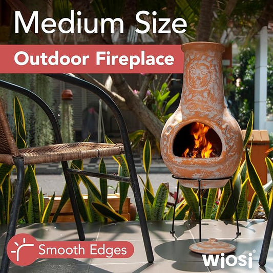 Wiosi Medium 𝗖𝗵𝗶𝗺𝗶𝗻𝗲𝗮 Outdoor Fireplace Clay Chimineas with Chimney Rain Lids and Solid Metal Stands - Yellow Terracotta Chimenea - Rustic Fire Pit Chimnea 16 x 16 x 32-inch