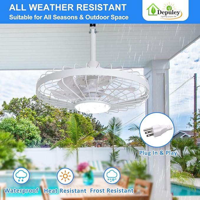 Depuley Gazebo Fans Outdoor Hanging: 20 Inch White Plug in Caged Outdoor Fan with Light and APP Remote Control - Waterproof Ceiling Fan for Patio Porch Pergola Reversible DC Motor