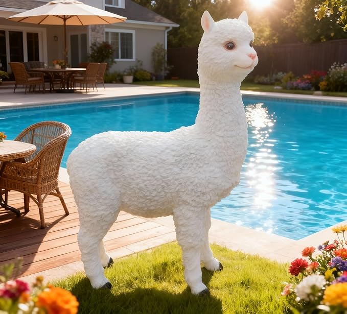 HOUDE Outdoor Alpaca Statues, Courtyard Garden Decoration, Modern Minimalist Style Animal Ornaments, Sun Resistant and Waterproof Balcony Lawn Decoration, Creative Gifts (White)