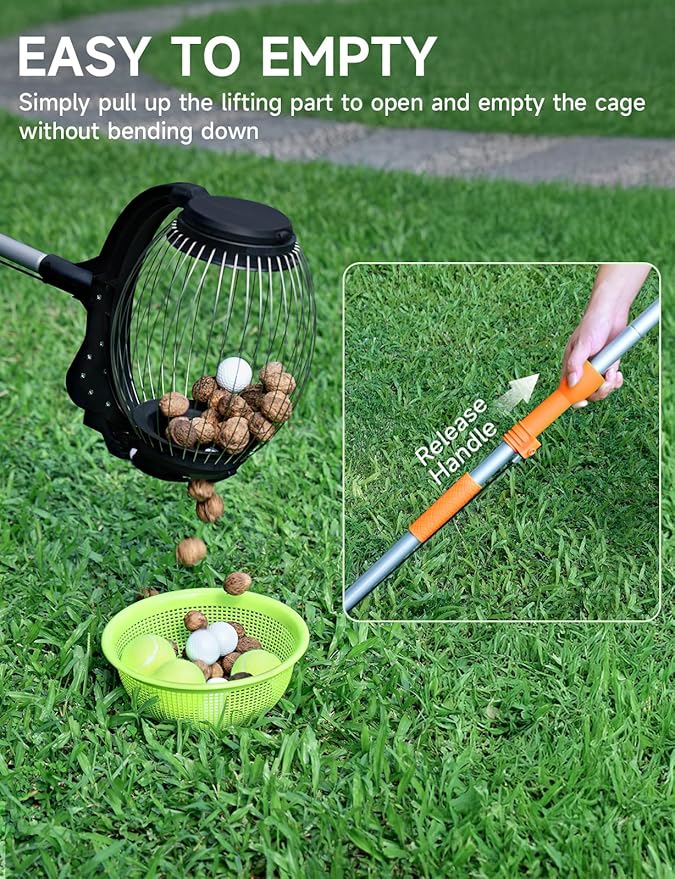 Nut Gatherer for Walnuts with 1.8-Gallon Capacity, No-Bend Emptying Design，Acorn Picker Upper Roller Suitable for 1.2"-3.6" Walnuts,Chestnuts, Fallen Apples & Tennis Balls(No Small Acorns)