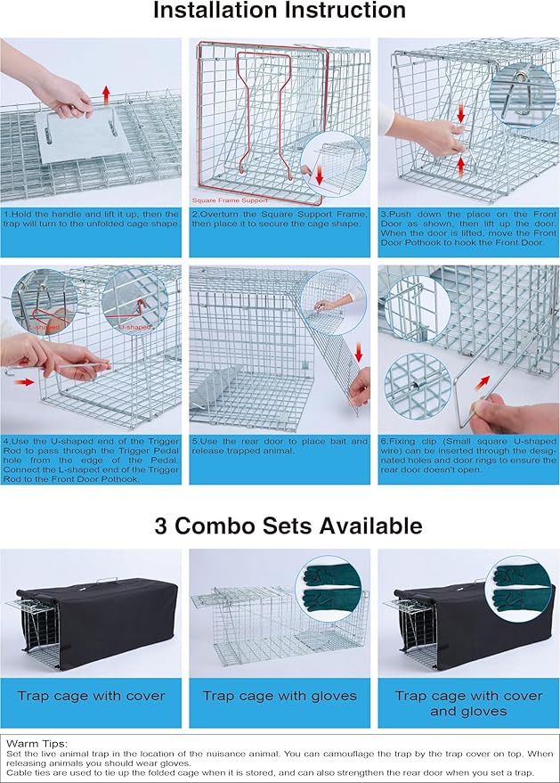 Live Animal Trap Cage with Cover, Cat Trap for Stray Cats 42 Inch Heavy Duty Folding Skunk Traps with Real Door for Raccoons, Opossums, Groundhogs, Skunks, Feral Cats, Squirrels