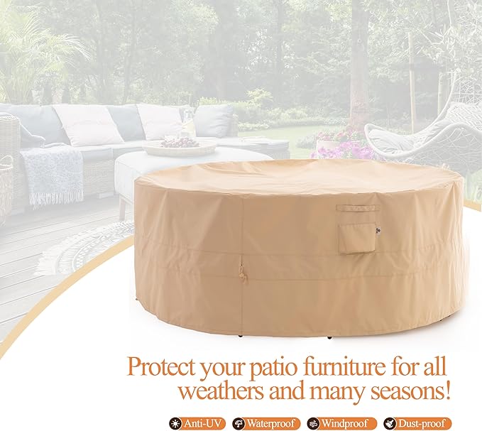 WJ-X3 Round Patio Furniture Cover, 72" D x 31" H, Waterproof, UV Resistant, Anti-Fading Outdoor Cover for Round Dining Table and Chairs Set, Beige