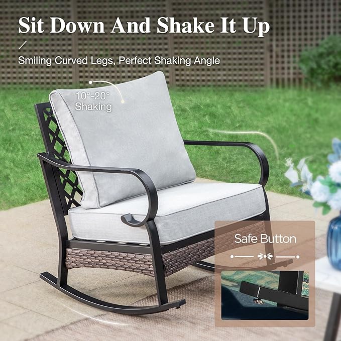 HERA'S HOUSE 6 Piece Metal Patio Furniture Set with 56" Fire Pit Table, All Weather Outdoor Conversation Set 7 Seats, 3 Seat Sofa, 2 Rocking Chairs, 2 Fixed Chairs for Backyard Garden Deck, Light Grey