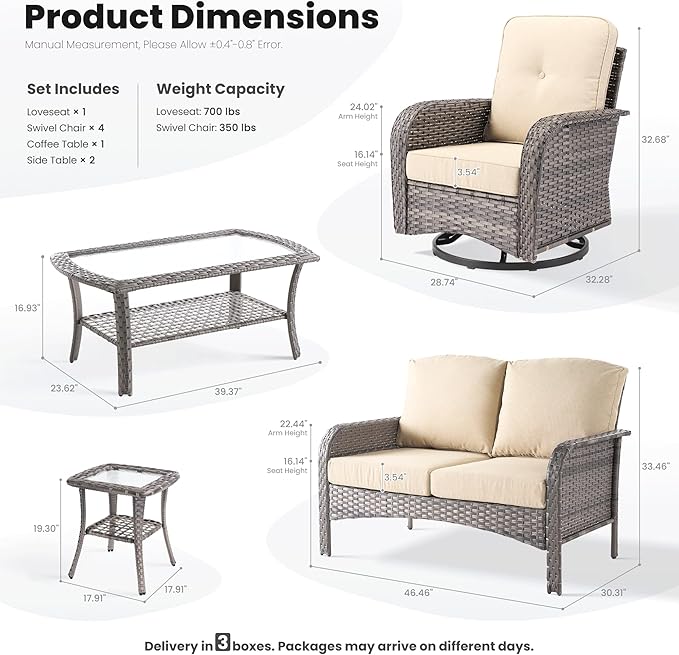 ovios 8 Pieces Patio Furniture Set, Outdoor Wicker Sofa with Swivel Chairs, Coffee Table, All Weather High Back Rattan Loveseat Couch with Comfy Cushions, Beige