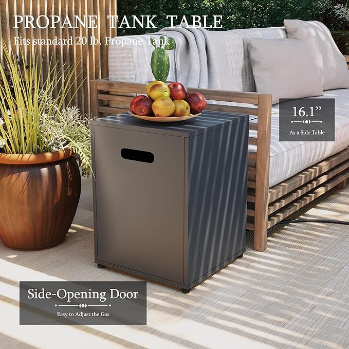 UPHA 42-inch Outdoor Propane Gas Fire Pit Table 50000 BTU Iron Round Firepit for Outside Patio with Tank Hidden Table, Removable Lid, Blue Glass Rocks, Rain Cover, Grey